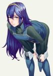  1girl adjusting_footwear ameno_(a_meno0) bangs bent_over black_bodysuit blue_eyes blue_footwear blue_hair blush bodysuit boots brown_hairband eyebrows_visible_through_hair fire_emblem fire_emblem_awakening grey_background hair_between_eyes hairband long_hair long_sleeves looking_at_viewer lucina_(fire_emblem) parted_lips shiny shiny_hair simple_background solo standing thigh_boots thighhighs very_long_hair 