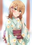  1girl aqua_kimono bangs blurry blurry_background bow brown_hair closed_mouth day eyebrows_visible_through_hair floral_print flower hair_between_eyes hair_bow hair_flower hair_ornament head_tilt isshiki_iroha japanese_clothes kimono lieass long_hair long_sleeves looking_at_viewer obi outdoors pink_bow pink_flower print_kimono sash shiny shiny_hair smile solo standing yahari_ore_no_seishun_lovecome_wa_machigatteiru. yellow_eyes yukata 