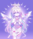  1girl absurdres angel_wings artist_name bandaged_leg bandaged_torso bandages blonde_hair blood blood_on_bandages blood_on_face blood_on_leg blue_eyes blue_hair bound bound_wrists chinese_commentary chouzetsusaikawa_tenshi-chan cloak commentary_request cowboy_shot halloween_costume halo highres koharustuki long_hair multicolored_hair needy_girl_overdose own_hands_together parted_lips pink_blood pink_hair pixel_art purple_background solo tied_up_(nonsexual) very_long_hair white_cloak white_wings wings 