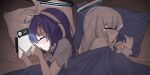  2girls 743_(743rd_bat) black_halo blue_archive blue_halo blush cellphone closed_eyes commentary doodle_sensei_(blue_archive) halo highres holding holding_phone laughing lying mechanical_halo multicolored_halo multiple_girls noa_(blue_archive) noa_(pajamas)_(blue_archive) on_side open_mouth parted_lips phone pillow purple_eyes purple_hair sensei_(blue_archive) short_sleeves smartphone symbol-only_commentary two-tone_halo under_covers variant_set white_hair white_halo yuuka_(blue_archive) yuuka_(pajamas)_(blue_archive) 