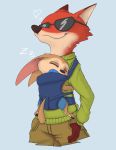  &lt;3 2020 absurd_res anthro baby_carrier bottomwear canid canine clothing disney duo eyewear fennec finnick fox fur hi_res kuuneho mammal nick_wilde orange_body orange_fur pacifier pockets simple_background sleeping sunglasses sweater tan_body tan_fur thumb_in_pocket topwear zootopia 