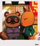  animal_crossing anthro bottomwear brown_body brown_fur canid canine chibi clothing crazy_redd duo fox fur furadarisan male mammal necktie nintendo pants raccoon_dog shirt slightly_chubby tanuki tom_nook_(animal_crossing) topwear video_games 