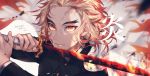  1boy anger_vein blonde_hair blurry cape closed_mouth depth_of_field fingernails flame_print flaming_sword flaming_weapon frown furrowed_eyebrows gakuran highres holding holding_sword holding_weapon katana kimetsu_no_yaiba long_sleeves looking_at_viewer male_focus miyatsuki_azuki multicolored_hair orange_eyes portrait red_hair rengoku_kyoujurou sanpaku school_uniform simple_background solo sword two-tone_hair weapon white_cape 