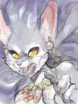  anthro belladonna_(trials_of_mana) claws ear_piercing fangs felid feline female fur grey_body grey_fur hair hi_res jewelry jonas looking_at_viewer mammal necklace open_mouth piercing purple_hair snarling solo teeth tongue trials_of_mana white_body white_fur yellow_eyes 