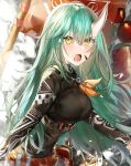  1girl absurdres arknights bangs blush breasts commentary fangs green_hair hair_between_eyes highres horn horns hoshiguma_(arknights) kanniepan large_breasts long_hair long_sleeves looking_at_viewer open_mouth orange_ribbon ribbon shirt solo upper_body yellow_eyes 