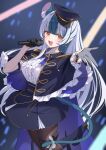  1girl :d animal_ear_fluff animal_ears black_cape black_gloves black_hat black_skirt blue_background blue_hair blush breasts brown_pantyhose cape center_frills commentary_request commission cowboy_shot earrings ev_(dai00888) frilled_cape frills gloves hand_up hat highres holding holding_microphone jewelry long_hair looking_at_viewer medium_breasts microphone mouse_ears mouse_girl mouse_tail multicolored_hair music open_mouth orange_eyes original pantyhose shirt short_sleeves singing skeb_commission skirt smile solo streaked_hair tail white_shirt wispy_bangs 