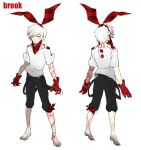  1boy :/ absurdres barefoot black_pants brook_(i&#039;m_the_grim_reaper) front_and_back full-body_tattoo gloves gradient_skin graveweaver highres i&#039;m_the_grim_reaper looking_at_viewer male_focus narrowed_eyes numbered outstretched_arms pants rabbit_ear_headwear red_eyes red_gloves shirt short_hair solo tattoo tattoo_sleeve white_hair white_shirt 