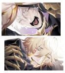  2boys antenna_hair black_cloak blonde_hair blood blood_from_mouth blood_on_face braid chest_tattoo clawed_gauntlets cloak closed_eyes commentary_request crying facial_tattoo flame_reaver_of_the_deepest_dark gradient_hair highres honkai:_star_rail honkai_(series) hood hood_up hooded_cloak male_focus medium_hair multicolored_hair multiple_boys mydei_(honkai:_star_rail) parted_bangs phainon_(honkai:_star_rail) red_hair red_tattoo short_hair side_braid tattoo tears white_hair yanase_seno yellow_blood 