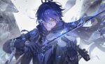  1boy absurdres aji_11300913 black_gloves bow_(music) expressionless flins_(genshin_impact) genshin_impact glass_shards gloves highres holding holding_instrument holding_violin instrument multicolored_hair shards teardrop tears violin white_background yellow_eyes 