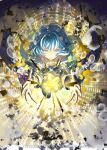  1girl andou_shuki blue_dress blue_eyes blue_hair capelet closed_mouth copyright_notice dress hair_ornament hairpin highres looking_at_viewer official_art piruluk solo white_capelet wixoss 