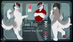 2019 animal_genitalia animal_penis anthro balls blue_eyes canid canine canine_penis canis clothed clothing crossed_arms detailed digital_media_(artwork) domestic_dog english_text fleet-foot genitals grin happy husky leon_ruiz male mammal model_sheet nordic_sled_dog nude one_eye_closed partially_clothed penis sheath slightly_chubby smile solo spitz standing text tongue tongue_out wink 