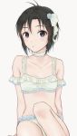  1girl :o antenna_hair arm_support bangs bikini black_eyes black_hair blush breasts choker cleavage frill_trim frilled_bikini frills green_bikini hair_ornament hairclip highres idolmaster idolmaster_(classic) idolmaster_2 kikuchi_makoto knee_up looking_at_viewer mogskg open_mouth short_hair simple_background sitting sleeveless small_breasts solo swimsuit white_background white_neckwear 