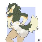 2025 4_fingers anthro anthrofied bbawua blush blush_lines bottomwear bottomwear_pull canid canine canis clothed clothing clothing_pull diaper dressing dressing_self embarrassed facial_markings feces fingers fur green_body green_fur green_tail grey_nose head_markings hi_res link_(wolf_form) looking_back male mammal markings multicolored_body multicolored_fur nintendo orange_body orange_fur pants pants_pull signature simple_background smile soiled_diaper soiling solo standing story story_in_description tail tan_body tan_bottomwear tan_clothing tan_fur tan_inner_ear tan_pants tan_tail the_legend_of_zelda topless topless_male two_tone_tail unclean_diaper used_diaper wearing_diaper white_diaper wolf