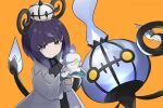  1girl black_dress blue_gloves blunt_bangs bob_cut chandelure closed_mouth coat dress eyelashes gloves gwynn_(pokemon) hat highres holding holding_pokemon litwick long_sleeves looking_at_viewer mega_stone open_clothes open_coat orange_background partially_fingerless_gloves pokemon pokemon_(creature) pokemon_legends:_z-a pucipumpkin purple_eyes purple_hair short_hair smile white_coat 