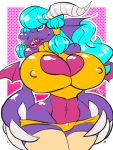  2016 3:4 anthro big_breasts blue_hair breasts claws dragon female hair horn huge_breasts nipple_outline open_mouth pink_eyes purple_body scarfyace sharp_teeth simple_background solo teeth thin_waist wide_hips 