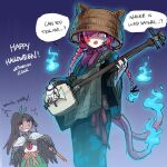  0_0 2girls :o ^^^ animal_ears arm_cannon artist_name bachi backwards_text bead_bracelet beads bird_girl bird_wings blue_fire blue_pupils bracelet braid brown_thighhighs bucket bucket_on_head capelet cat_ears cat_girl cat_tail chibi coat commentary cosplay curtained_hair dated english_commentary english_text fang fire fog freckles green_kimono green_ribbon green_skirt grey_headband hair_over_one_eye hair_ribbon halloween headband high_ponytail highres holding holding_instrument holding_plectrum instrument japanese_clothes jewelry kaenbyou_rin kaibootsu kimono long_hair long_sleeves medium_hair multiple_girls multiple_tails music name_connection night night_sky o'rin_of_the_water o'rin_of_the_water_(cosplay) object_on_head open_mouth orange_sash playing_instrument plectrum ponytail purple_coat red_eyes red_hair reiuji_utsuho ribbon sekiro sekiro:_shadows_die_twice sekiro_(cosplay) shamisen shirt singing skirt sky solo_focus speech_bubble tail thighhighs third_eye touhou twin_braids vambraces weapon white_capelet white_shirt wide_sleeves wings 