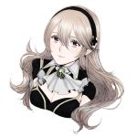  1girl ascot ballpoint_pen_(medium) bangs black_hairband breasts cleavage closed_mouth corrin_(fire_emblem) corrin_(fire_emblem)_(female) fire_emblem fire_emblem_fates floating_hair grey_neckwear hair_between_eyes hairband highres long_hair looking_at_viewer medium_breasts pointy_ears red_eyes roroichi shiny shiny_hair silver_hair simple_background smile solo traditional_media upper_body very_long_hair white_background wing_collar 