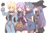  4girls ahoge akashi_manaka amano_soraha animal_ears aqua_eyes arm_up ascot assault_lily banshouya_ena bat_hair_ornament behind_another belt black_bow black_capelet black_gloves black_hat black_shirt black_thighhighs blonde_hair blue_belt blue_eyes blue_gloves blue_hair blue_shirt blush bow candy candy_cane capelet cat_ears cat_girl cat_tail clenched_hand closed_mouth commentary cowboy_shot crop_top dress dress_bow elbow_gloves epaulettes food gloves green_eyes grey_dress grey_gloves grey_jacket grey_pants grey_shirt grey_skirt hair_between_eyes hair_ornament halloween_bucket halloween_costume hand_on_another&#039;s_arm hand_on_another&#039;s_shoulder hands_up hat highres holding holding_candy holding_food holding_lollipop jacket kemonomimi_mode lollipop long_hair long_sleeves looking_ahead looking_at_another looking_at_food looking_to_the_side low-tied_sidelocks low_ponytail multiple_girls pants parted_lips pinafore_dress ponytail profile puffy_short_sleeves puffy_sleeves purple_dress purple_eyes purple_hair rui_rui_rui0122 sharing_food shirai_yuyu shirt short_sleeves sidelocks sideways_glance simple_background skirt sleeveless sleeveless_dress smile standing tail thighhighs two-tone_gloves very_long_hair white_ascot white_background witch_hat 