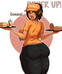  1pervydwarf apron big_breasts big_butt black_bottomwear black_clothing black_pants blush bottomwear breasts brown_hair bulge butt clothed clothing curvaceous curvy_figure dialogue elf english_text fast_food food freckles gynomorph hair hat headgear headwear hi_res holding_object huge_breasts humanoid humanoid_pointy_ears intersex jeans looking_back not_furry open_mouth orange_clothing orange_shirt orange_topwear pants shirt short_hair simple_background small_waist solo standing text thick_thighs topwear voluptuous waiter wide_hips yellow_eyes 