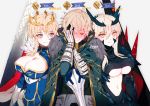  ... 1boy 2girls ahoge armor artoria_pendragon_(all) artoria_pendragon_(lancer) artoria_pendragon_(lancer_alter) blonde_hair blue_eyes blush braid breasts cape cleavage closed_eyes closed_mouth cross crown dark_persona dark_rhongomyniad english_commentary excalibur_galatine eyebrows_visible_through_hair fate/grand_order fate_(series) faulds french_braid full-face_blush fur-trimmed_cape fur_trim gauntlets gawain_(fate/extra) gawain_(fate/grand_order) green_cape green_eyes hair_between_eyes hand_on_own_cheek hand_on_own_face hands_up high_collar holding holding_sword holding_weapon horns large_breasts leaning_on_person looking_at_another looking_at_viewer messy_hair multiple_girls navel nervous pacoscandy pauldrons polearm red_cape rhongomyniad short_hair_with_long_locks shoulder_armor side-by-side smile spear speech_bubble standing stomach sweatdrop sword underboob weapon yellow_eyes 
