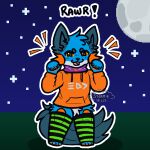 1:1 brown_pupils canid canine canis claws clothing crotch_tuft digital_media_(artwork) evil_face evil_look fin finger_claws food fruit generation_3_pokemon grass halloween head_tuft hi_res holidays hoodie hybrid legwear looking_at_viewer male mammal moon night nintendo open_mouth open_toe_socks orange_body orange_clothing orange_gills orange_hoodie orange_nose orange_scales orange_sclera orange_topwear pattern_clothing pattern_legwear persim_berry persim_scarf pixel_(artwork) plant pokemon pokemon_(species) pokemon_berry pupils rawr scales shadow solo splatoon standing star stockings stormiehills striped_clothing striped_legwear stripes swampert tail tail_fin text toeless_thigh_highs topwear tuft wolf xevy