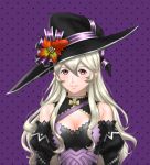  1girl bangs black_headwear black_sleeves breasts cleavage closed_mouth corrin_(fire_emblem) corrin_(fire_emblem)_(female) detached_collar detached_sleeves fire_emblem fire_emblem_fates hair_between_eyes halloween halloween_costume hat hat_ribbon long_hair looking_at_viewer medium_breasts pointy_ears polka_dot polka_dot_background purple_background purple_ribbon red_eyes ribbon silver_hair smile solo strapless uni_(pixiv43878501) upper_body very_long_hair witch_hat 