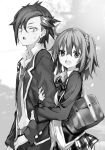  1boy 1girl :d bag blazer collared_shirt commentary_request contemporary cosplay dress_shirt fate/grand_order fate_(series) fujimaru_ritsuka_(female) greyscale hair_ornament hair_scrunchie hikigaya_hachiman hikigaya_hachiman_(cosplay) jacket look-alike mandricardo_(fate/grand_order) monochrome necktie one_side_up open_mouth plaid plaid_skirt school_bag school_uniform scrunchie shino_(eefy) shirt skirt smile sweatdrop triangle_mouth untucked_shirt yahari_ore_no_seishun_lovecome_wa_machigatteiru. yuigahama_yui yuigahama_yui_(cosplay) 