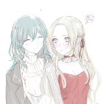  2girls ? ballpoint_pen_(medium) black_ribbon blue_hair blush breasts byleth_(fire_emblem) byleth_(fire_emblem)_(female) cleavage closed_eyes collarbone dress edelgard_von_hresvelg embarrassed fire_emblem fire_emblem:_three_houses grey_jacket hair_ribbon highres jacket jacket_on_shoulders long_hair long_sleeves medium_breasts multiple_girls open_clothes open_jacket red_dress ribbed_sweater ribbon roroichi shiny shiny_hair silver_hair simple_background sketch smile standing striped striped_sleeves sweater traditional_media turtleneck turtleneck_sweater upper_body vertical_stripes very_long_hair white_background white_sweater 