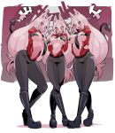  3girls :d animal_ears arms_behind_back bikini black_bikini black_footwear black_neckwear black_pants boots breasts breasts_outside cerberus_(helltaker) clenched_teeth commentary_request demon_girl demon_tail dog_ears dog_girl fang fangs full_body helltaker highres large_breasts long_hair looking_at_viewer micro_bikini multiple_girls nac000 navel necktie open_mouth pants red_eyes red_shirt sharp_teeth shirt smile standing swimsuit tail teeth white_hair 