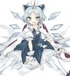  adapted_costume blue_bow blue_dress blue_eyes blue_hair blue_neckwear blush bow cape cirno commentary_request crown detached_wings dress frills fur-trimmed_cape fur_trim hair_ornament ice ice_wings mary_janes mini_crown neck_ribbon open_mouth ribbon shirt shoes short_hair short_sleeves sitting smile sorani_(kaeru0768) thighhighs touhou white_background white_legwear white_shirt wings wrist_cuffs 