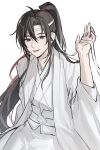  1boy :p ahoge alternate_costume black_eyes black_hair borrowed_clothes chinese_clothes hair_ribbon hand_up hanfu headband highres holding holding_ribbon korean_commentary long_hair long_sleeves looking_at_viewer male_focus memomdzs modao_zushi ponytail red_ribbon ribbon robe sash sidelocks simple_background sitting smile solo tongue tongue_out very_long_hair wei_wuxian white_background white_hanfu white_headband white_ribbon wide_sleeves 