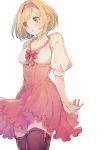  1girl a082 bangs blonde_hair blush bow breasts brown_eyes brown_legwear cowboy_shot djeeta_(granblue_fantasy) dress granblue_fantasy hair_ornament hairband looking_away medium_breasts own_hands_together puffy_short_sleeves puffy_sleeves ribbon short_hair short_sleeves simple_background smile solo thighhighs white_background 