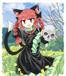  1girl animal_ears black_bow black_dress black_ribbon bow braid cat_ears chups dress extra_ears eyebrows_visible_through_hair fang flower frilled_dress frills green_frills hair_bow highres kaenbyou_rin long_sleeves looking_at_viewer multiple_tails outdoors red_eyes red_hair red_nails red_neckwear ribbon skull tail touhou twintails two_tails yellow_flower 