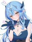  1girl ahoge blowing_kiss blue_dress blue_gloves blue_hair braid breasts brooch cleavage cleavage_cutout clothing_cutout collared_dress commentary_request crossed_bangs double-parted_bangs dress gloves hair_between_eyes half_up_braid hand_up heart heart_ahoge highres hololive jewelry large_breasts long_hair looking_at_viewer mahou_shoujo_holowitch! multicolored_hair official_alternate_costume pointy_ears simple_background sleeveless sleeveless_dress solo streaked_hair upper_body very_long_hair virtual_youtuber white_background yellow_eyes you06 yukihana_lamy 