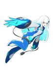  1girl absurdres alternate_costume blue_bodysuit blue_hair blunt_bangs bodysuit breasts colored_inner_hair commentary_request electric_plug electric_plug_tail foreshortening full_body hair_ornament highres leg_up lize_helesta long_hair looking_at_viewer looking_to_the_side mecha_pilot_suit multicolored_hair nijisanji open_mouth purple_eyes reaching reaching_towards_viewer sidelocks simple_background small_breasts solo streaked_hair tail two-tone_hair v-shaped_eyebrows very_long_hair virtual_youtuber white_background white_hair yabunoki 