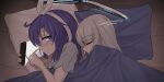 2girls 743_(743rd_bat) black_halo blue_archive blue_halo blush cellphone closed_eyes commentary halo highres holding holding_phone lying mechanical_halo multicolored_halo multiple_girls noa_(blue_archive) noa_(pajamas)_(blue_archive) on_side parted_lips phone pillow purple_eyes purple_hair short_sleeves smartphone symbol-only_commentary two-tone_halo under_covers variant_set white_hair white_halo yuri yuuka_(blue_archive) yuuka_(pajamas)_(blue_archive) 