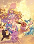  1girl artist_name blonde_hair closed_mouth commentary copyright_name dress eevee espeon eyelashes falling_leaves flareon floating_hair glaceon green_eyes hat highres holding holding_pokemon jolteon leaf leafeon lillie_(pokemon) long_hair orange_sekaii outdoors pokemon pokemon_(creature) pokemon_sm sleeveless sleeveless_dress standing sun_hat sylveon umbreon vaporeon watermark white_dress white_hat 
