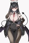  1girl bare_shoulders black_dress black_gloves black_hair black_halo black_panties blue_archive blunt_bangs breasts bridal_gauntlets bright_pupils choker cleavage demon_girl demon_horns demon_tail demon_wings detached_collar dress ear_piercing elbow_gloves gloves hair_ornament hairclip halloween halo hand_on_own_hip heart heart_o-ring highres horns kevinlim39 large_breasts long_hair looking_at_viewer multicolored_halo necktie o-ring o-ring_arm_strap panties pantyhose parted_lips pelvic_curtain piercing pointy_ears red_eyes red_halo red_necktie rio_(blue_archive) solo tail two-tone_halo underwear very_long_hair white_background white_pupils wings 