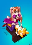  absurd_res anthro blush canid canine clothed clothing clothing_lift colored dress dress_lift female footwear fox gloves hair handwear hi_res kiddie_ride lagomorph lecerf legwear mammal miles_prower panties shoes solo sonic_the_hedgehog_(series) stockings underwear vanilla_the_rabbit video_games 