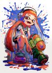  1girl gun headphones highres holding holding_gun holding_weapon ink_tank_(splatoon) inkling kuroi_susumu orange_eyes orange_hair paint_splatter shoes sitting smile sneakers splatoon_(series) splattershot_(splatoon) tentacle_hair weapon 