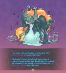 2022 armor belly big_belly bottle breasts container dialogue digital_media_(artwork) english_text featureless_breasts female goo_creature goo_transformation hair headgear headgear_only helmet helmet_only hi_res humanoid humanoid_pointy_ears keffotin melting midna nintendo not_furry pointy_ears purple_background purple_body simple_background solo text the_legend_of_zelda transformation twili twilight_princess