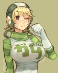  1girl alternate_breast_size bangs blonde_hair blue_eyes blush breasts character_name clenched_hand closed_mouth clothes_writing covered_nipples english_commentary eyebrows_visible_through_hair flying_sweatdrops gloves green_background green_headwear green_sleeves green_theme gum_(jsr) hand_up highres huge_breasts jet_set_radio looking_down nose_blush one_eye_closed raglan_sleeves raised_eyebrow shirt short_hair simple_background solo striped striped_shirt sweat translated trembling upper_body wamudraws white_gloves white_shirt 