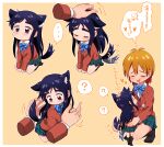  ... 2girls ? absurdres animal_ears arms_between_legs black_hair black_socks blazer blue_bow blue_bowtie blue_skirt blush border bow bowtie closed_eyes closed_mouth diagonal-striped_bow diagonal-striped_bowtie diagonal-striped_clothes dog_ears dog_girl dog_tail ears_down futari_wa_precure hair_ornament hairclip hands_on_another's_chest headpat heart heart_hair_ornament highres jacket kemonomimi_mode kneehighs long_hair long_sidelocks long_sleeves mini_person minigirl miniskirt misumi_nagisa mizin_kosutin multiple_girls multiple_views open_mouth orange_hair outline plaid_clothes plaid_skirt pleated_skirt precure purple_eyes red_jacket school_uniform seiza shirt short_hair sidelocks simple_background sitting skirt socks speech_bubble spoken_ellipsis spoken_question_mark striped_bow striped_bowtie striped_clothes tail tail_wagging thick_eyebrows third-party_source thought_bubble verone_gakuin_school_uniform white_border white_outline white_shirt yellow_background yukishiro_honoka 