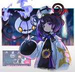  1girl black_dress black_hair blue_fire blue_gloves blunt_bangs blurry blurry_background bob_cut chandelier chandelure closed_mouth coat dress fire game_screenshot_inset gloves gradient_hair gwynn_(pokemon) hat highres long_sleeves looking_at_viewer mega_stone multicolored_hair open_clothes open_coat partially_fingerless_gloves pokemon pokemon_(creature) pokemon_legends:_z-a purple_eyes purple_hair shakeeeeeeeee short_hair white_coat yellow_eyes 