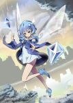  1girl andou_shuki blue_capelet blue_eyes blue_hair blue_shoes capelet closed_mouth copyright_notice crystal crystal_wings dress hair_ornament hairpin high_heels highres leg_up looking_at_viewer medium_hair official_art outdoors piruluk shoes solo white_dress wings wixoss 