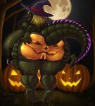 absurd_res alligator alligatorid anthro anus areola big_areola big_breasts big_butt big_nipples big_tail biped blonde_hair bodypaint breasts butt carolina_delacroix_(heliocintrini) cellulite chain clothing crocodilian female food fruit genitals green_body green_scales hair halloween hat headgear headwear hi_res holidays huge_breasts huge_butt hyper hyper_breasts jack-o&#039;-lantern kobu_art long_tongue moon night nipple_piercing nipples paint painted_butt piercing plant plump_labia presenting presenting_anus presenting_hindquarters presenting_vulva puffy_anus pumpkin reptile scales scalie sharp_teeth solo spread_butt spread_vulva spreading tail teeth thick_thighs tongue tongue_piercing tree vulva