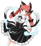  1girl :3 alternate_costume animal_ears bare_legs black_bow black_dress black_neckwear black_ribbon bow braid cat_ears chups dress extra_ears eyebrows_visible_through_hair frilled_dress frills highres hitodama kaenbyou_rin long_sleeves looking_at_viewer multiple_tails red_eyes red_hair red_nails ribbon solo tail touhou twin_braids two_tails white_background white_frills white_sleeves 