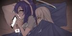  2girls 743_(743rd_bat) black_halo blue_archive blue_halo blush cellphone closed_eyes commentary dashed_eyes halo heart highres holding holding_phone lying mechanical_halo multicolored_halo multiple_girls noa_(blue_archive) noa_(pajamas)_(blue_archive) on_side parted_lips phone pillow purple_eyes purple_hair short_sleeves smartphone speech_bubble spoken_heart symbol-only_commentary two-tone_halo under_covers variant_set white_hair white_halo yuri yuuka_(blue_archive) yuuka_(pajamas)_(blue_archive) 