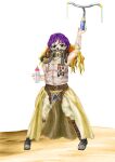  1girl belt black_boots blonde_hair blush_stickers boots bottle cosplay gas_mask gradient_hair hand_up hijiri_byakuren holding_handlebar immortan_joe immortan_joe_(cosplay) kams mad_max mad_max:_fury_road mask medal milk_bottle multicolored_hair open_mouth pacifier purple_hair see-through_clothes simple_background skull_mask solo teeth touhou yellow_eyes 