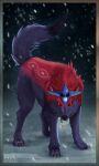  animal animal_focus border dated full_body highres magatama mouth_hold no_humans okikurumi_(ookami) ookami_(game) outdoors red_eyes snowing solo wolf woofzilla 